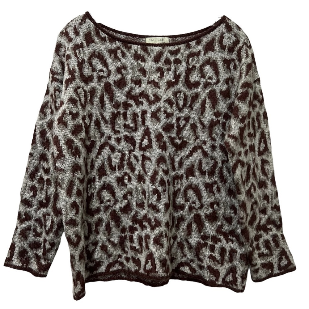See u Soon S/M Mohair Wool Burgundy Leopard Print Crewneck Sweater NWT G3